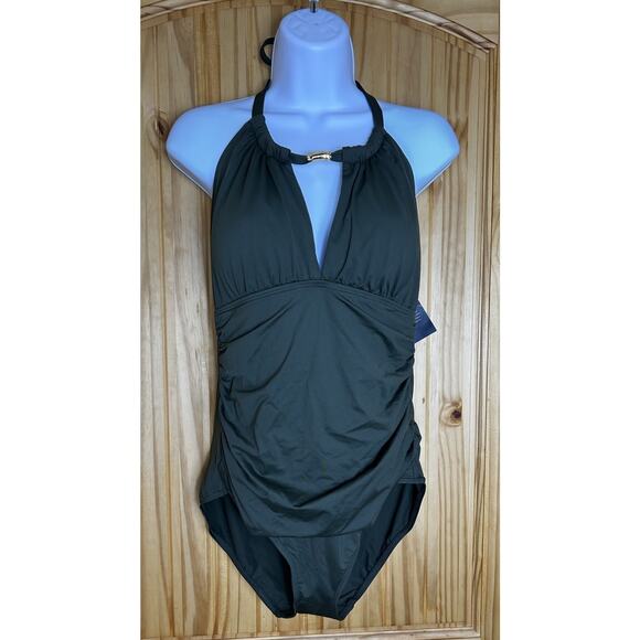 LAUREN Ralph Lauren Olive One-Piece Swimsuit Halter Neck Size 12 Tummy Control - Picture 1 of 9